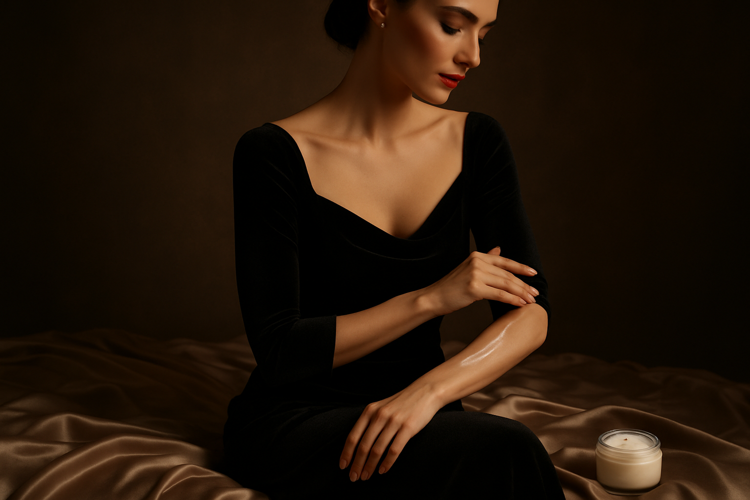 Woman sitting on a silk showing half of her face wearing a sophisticated black dress applying body butter on her lower arm
